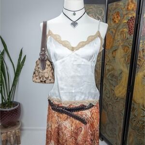 Y2K Satin Lace Trim Cami Top White Beige‎ Bias Cut Lingerie Tank Old Navy Small